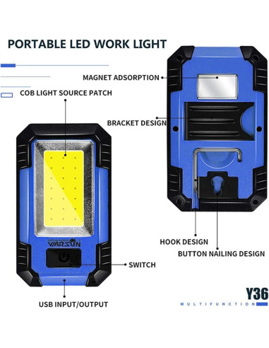 Luz de Trabajo LED Warsun Y36 Recargable 30W 1200 Lúmenes
