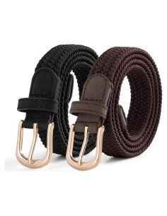 2 Cinturones Elásticos Trenzados para Mujeres con Hebilla Dorada