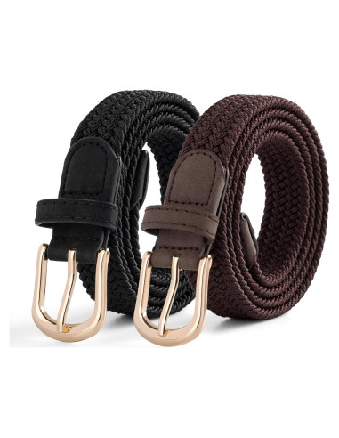 2 Cinturones Elásticos Trenzados para Mujeres con Hebilla Dorada