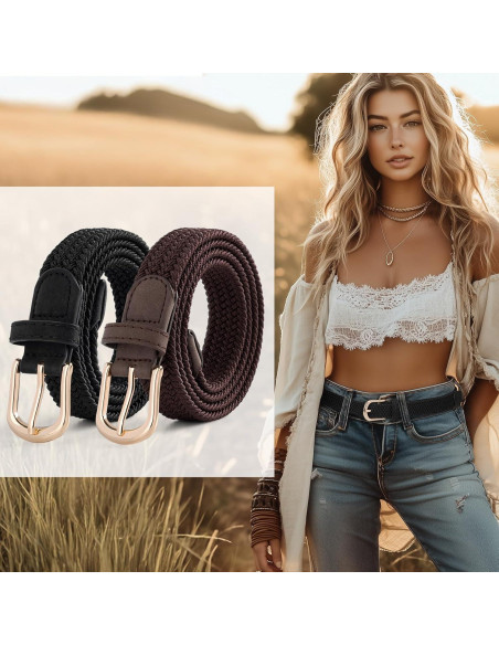 2 Cinturones Elásticos Trenzados para Mujeres con Hebilla Dorada