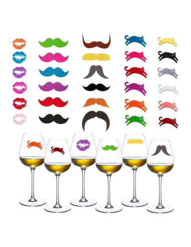 30 Marcadores de Copas de Vino Silicona Metulip - Labio, Bigote, Gato