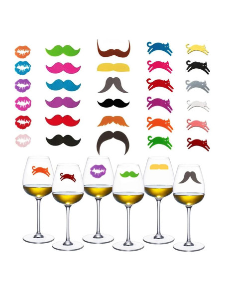 30 Marcadores de Copas de Vino Silicona Metulip - Labio, Bigote, Gato