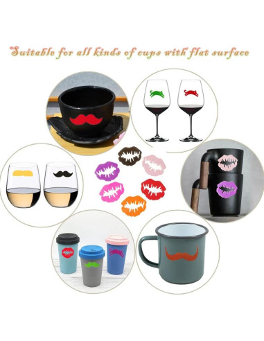 30 Marcadores de Copas de Vino Silicona Metulip - Labio, Bigote, Gato