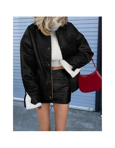Chaqueta de Cuero Sintético PRETTYGARDEN para Mujeres - Oversized