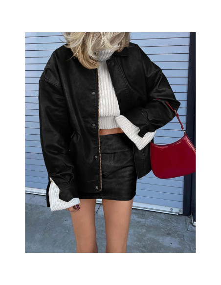 Chaqueta de Cuero Sintético PRETTYGARDEN para Mujeres - Oversized