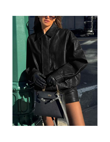 Chaqueta de Cuero Sintético PRETTYGARDEN para Mujeres - Oversized