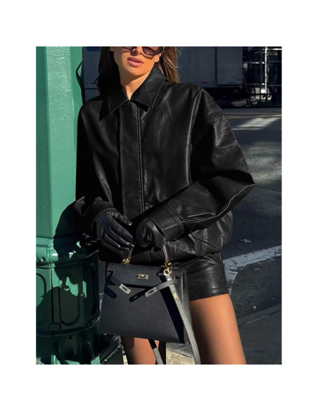 Chaqueta de Cuero Sintético PRETTYGARDEN para Mujeres - Oversized