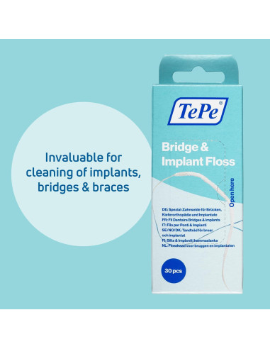 Hilo Dental TePe para Puentes e Implantes - 30 Piezas