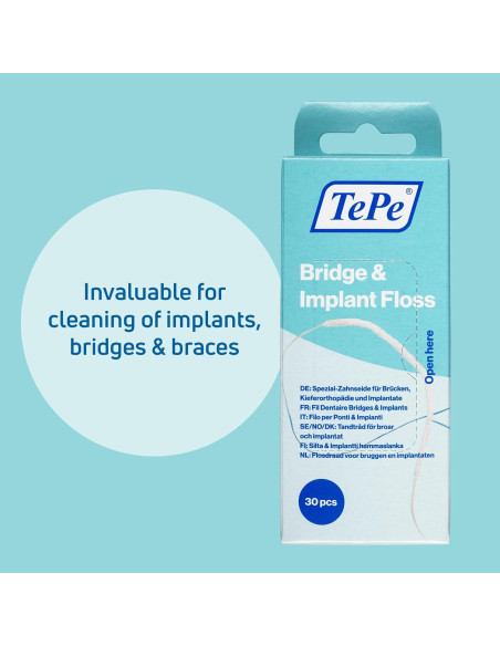 Hilo Dental TePe para Puentes e Implantes - 30 Piezas