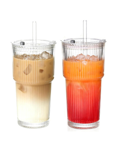 Set de 2 Tazas de Vidrio AFINSEA 590 ml con Popote y Tapa