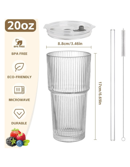 Set de 2 Tazas de Vidrio AFINSEA 590 ml con Popote y Tapa