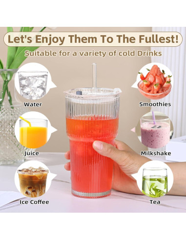 Set de 2 Tazas de Vidrio AFINSEA 590 ml con Popote y Tapa