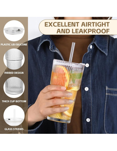 Set de 2 Tazas de Vidrio AFINSEA 590 ml con Popote y Tapa