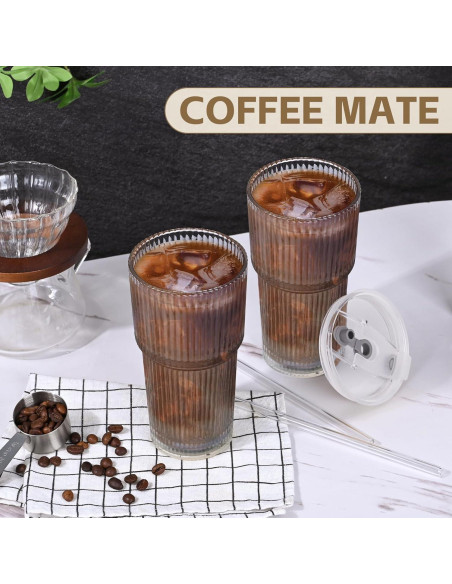 Set de 2 Tazas de Vidrio AFINSEA 590 ml con Popote y Tapa