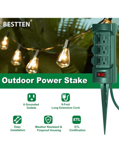 Estaca de Potencia Exterior BESTTEN 6 Salidas 9 Pies Verde