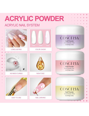 Kit de Uñas Acrílicas COSCELIA con Taladro y Luz UV 40pcs
