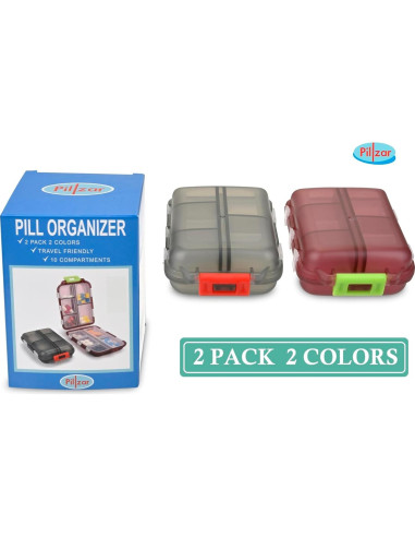 Paquete de 2 Organizadores de Pastillas Portátiles Pillzar con 10 Compartimentos