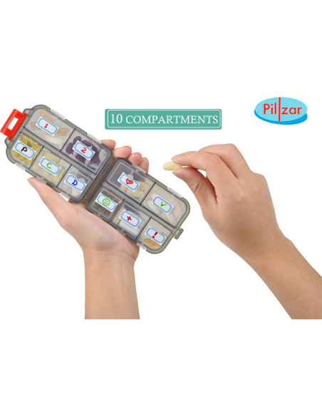 Paquete de 2 Organizadores de Pastillas Portátiles Pillzar con 10 Compartimentos