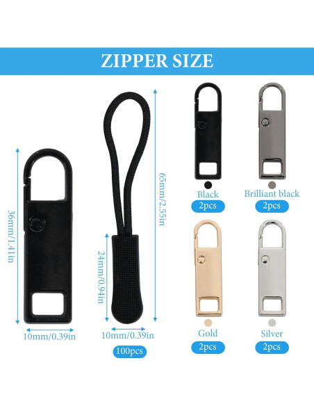 8 Tiradores de Cremallera Reemplazo Panthra con 100 Cuerdas