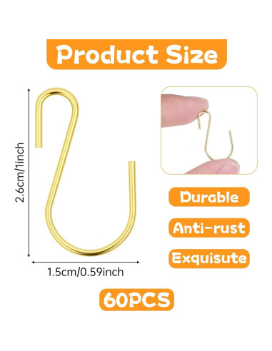 60 Ganchos en S Metálicos LIQWEI 2.54 cm Dorado para Colgar