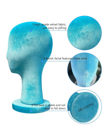 Cabeza de Maniquí de Terciopelo Azul DE-LIANG 35cm para Pelucas