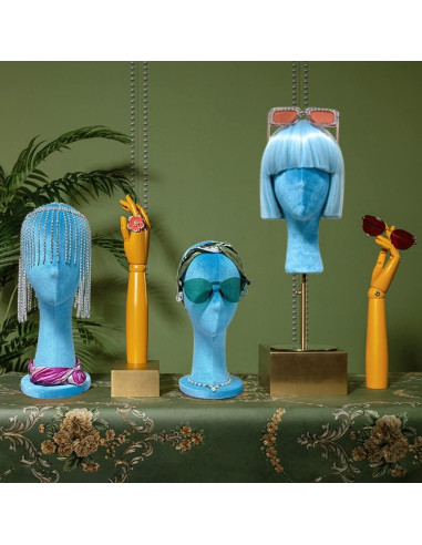 Cabeza de Maniquí de Terciopelo Azul DE-LIANG 35cm para Pelucas