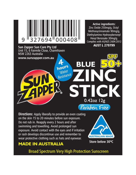 Bloqueador Solar Stick Sun Zapper Zinc Oxide Azul SPF 50+ 12g