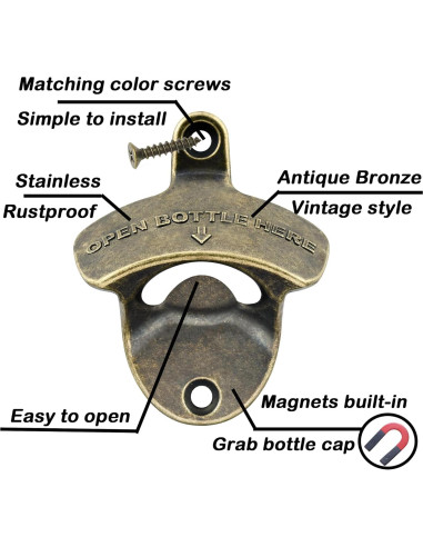 Abrebotellas Magnético Luwanburg Montado en Pared Bronce Antiguo