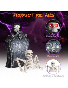 Decoración de Halloween Animada AW Lápida con Esqueleto y Ojos Iluminados 2