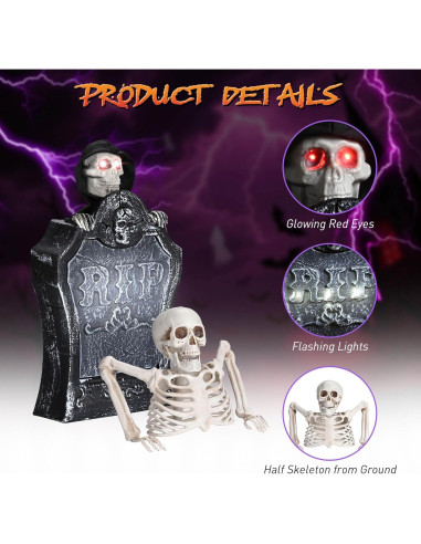 Decoración de Halloween Animada AW Lápida con Esqueleto y Ojos Iluminados
