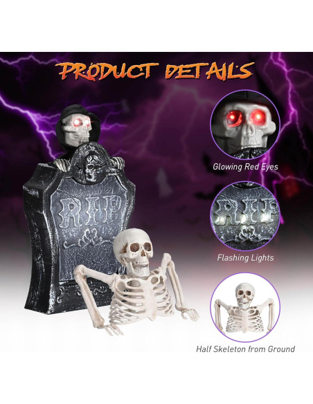 Decoración de Halloween Animada AW Lápida con Esqueleto y Ojos Iluminados