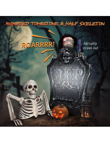 Decoración de Halloween Animada AW Lápida con Esqueleto y Ojos Iluminados