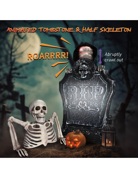 Decoración de Halloween Animada AW Lápida con Esqueleto y Ojos Iluminados