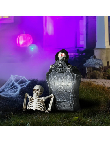 Decoración de Halloween Animada AW Lápida con Esqueleto y Ojos Iluminados