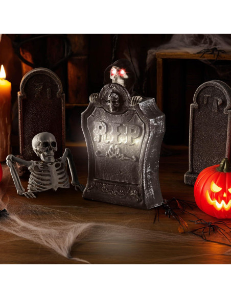 Decoración de Halloween Animada AW Lápida con Esqueleto y Ojos Iluminados