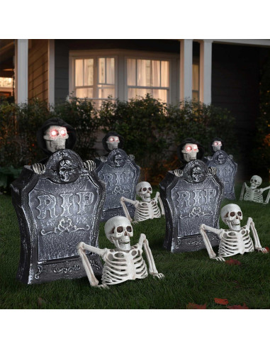 Decoración de Halloween Animada AW Lápida con Esqueleto y Ojos Iluminados