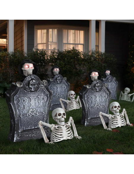 Decoración de Halloween Animada AW Lápida con Esqueleto y Ojos Iluminados