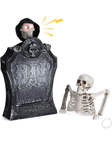 Decoración de Halloween Animada AW Lápida con Esqueleto y Ojos Iluminados