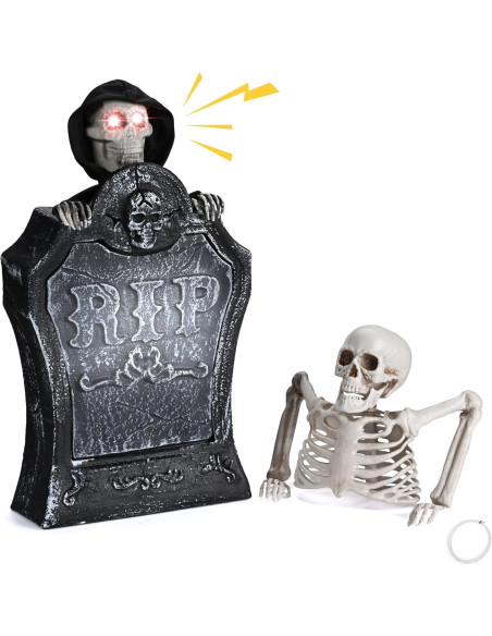 Decoración de Halloween Animada AW Lápida con Esqueleto y Ojos Iluminados