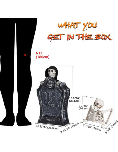 Decoración de Halloween Animada AW Lápida con Esqueleto y Ojos Iluminados