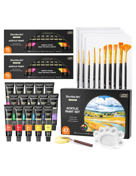 Juego de Pintura Acrílica 47 Piezas Shuttle Art 15 Colores 12ml