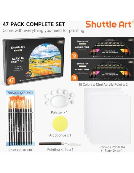 Juego de Pintura Acrílica 47 Piezas Shuttle Art 15 Colores 12ml
