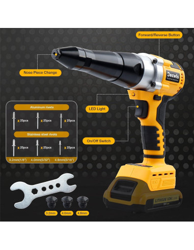 Pistola de Remaches Inalámbrica Decwls 20V, 3 Cabezales