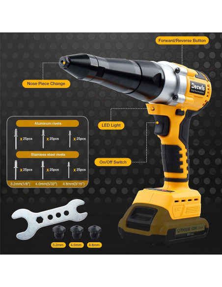 Pistola de Remaches Inalámbrica Decwls 20V, 3 Cabezales