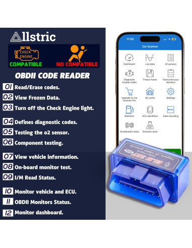 Escáner OBD2 Bluetooth Allstric ELM327 - Diagnóstico Automotriz