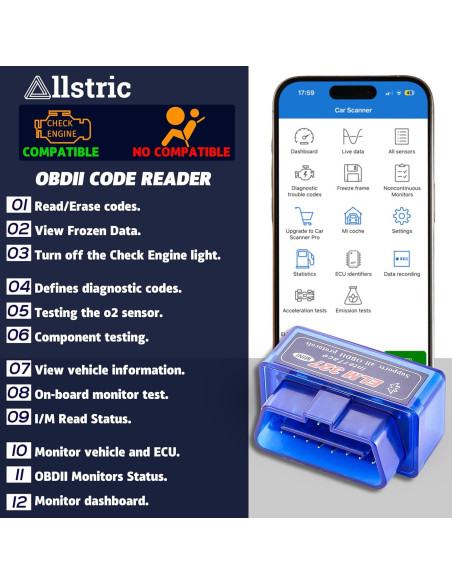 Escáner OBD2 Bluetooth Allstric ELM327 - Diagnóstico Automotriz