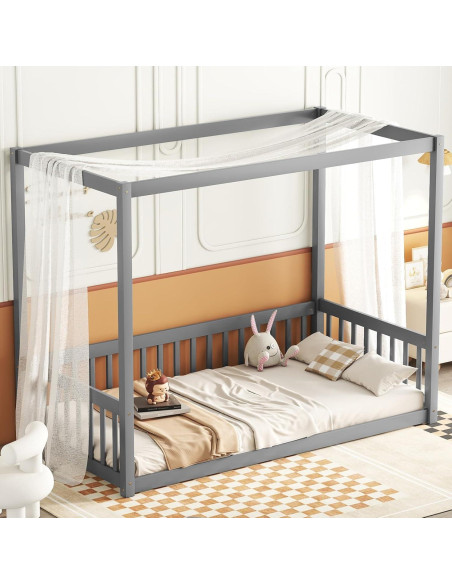 Cama Canopy de Piso Twin CNANXU con Barandillas y Diseño Seguro