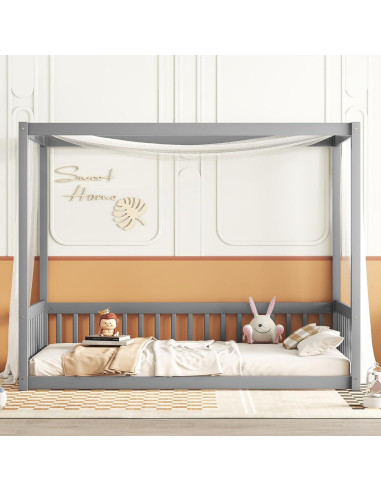 Cama Canopy de Piso Twin CNANXU con Barandillas y Diseño Seguro