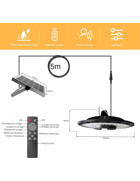 Luz Colgante Solar CREATESTAR 3000LM con Sensor y Control Remoto