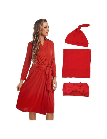 Bata de Maternidad QTECLOR con Manta de Envolver Rojo